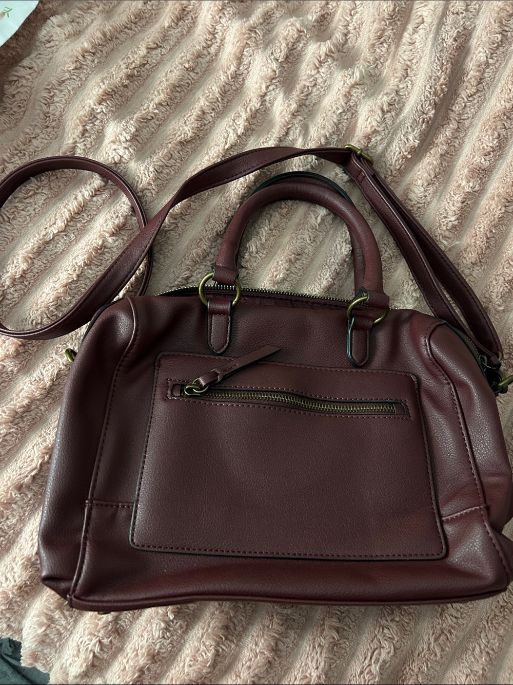 Women's Burgundy Faux Leather Satchel with Detachable Strap